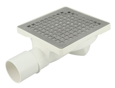 Siphonnette 15x15, grill inox design carrés, sortie horizontale, Ø 40/50 mm